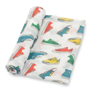 LollyBanks Swaddle Blanket, 100%  Cotton Muslin Swaddle Blankets, Neutral Swaddle Blanket 47 x 47 Inches, Baby Blanket for Boys and Girls, Baby Essentials, Registry (Sneakers Print)