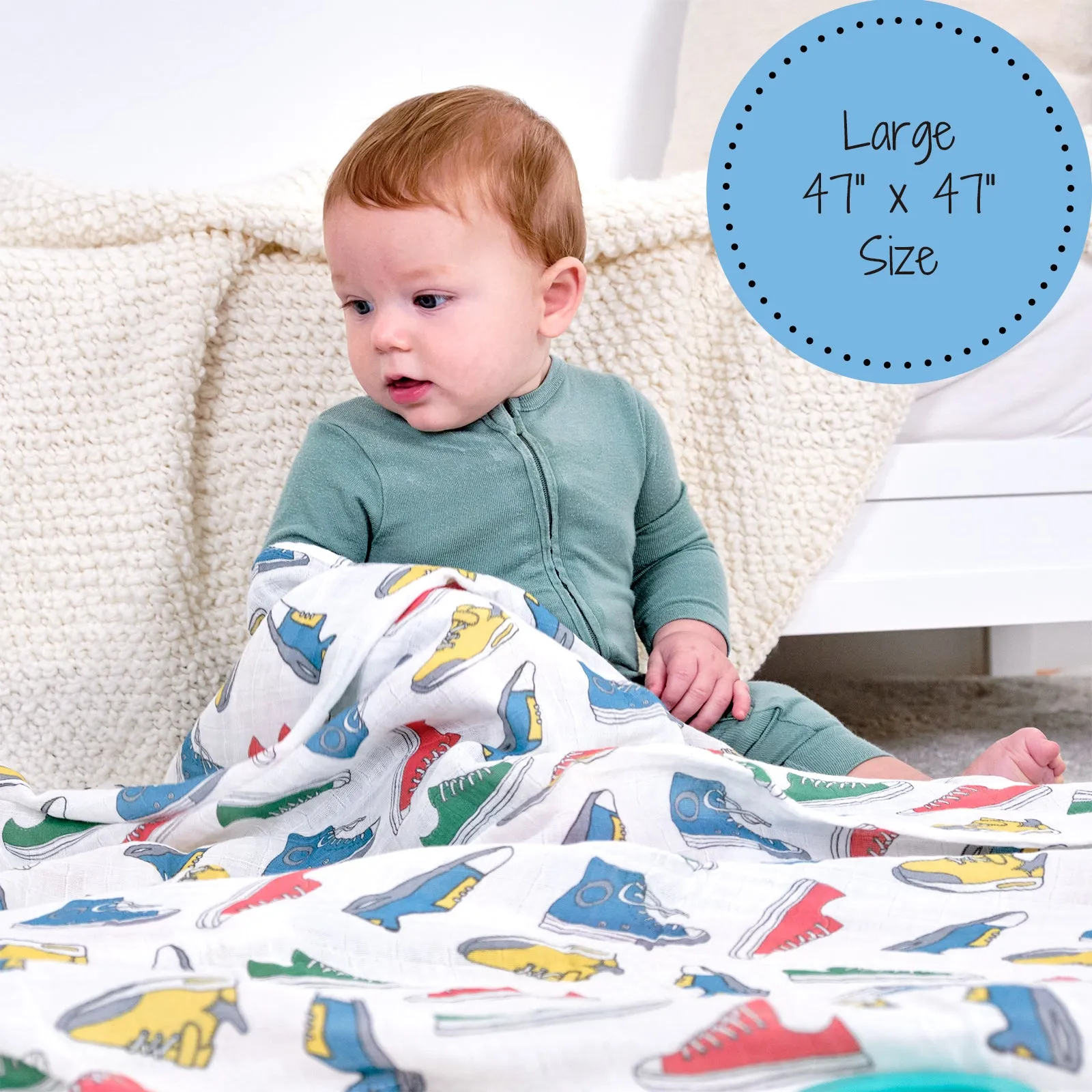 LollyBanks Swaddle Blanket, 100%  Cotton Muslin Swaddle Blankets, Neutral Swaddle Blanket 47 x 47 Inches, Baby Blanket for Boys and Girls, Baby Essentials, Registry (Sneakers Print)