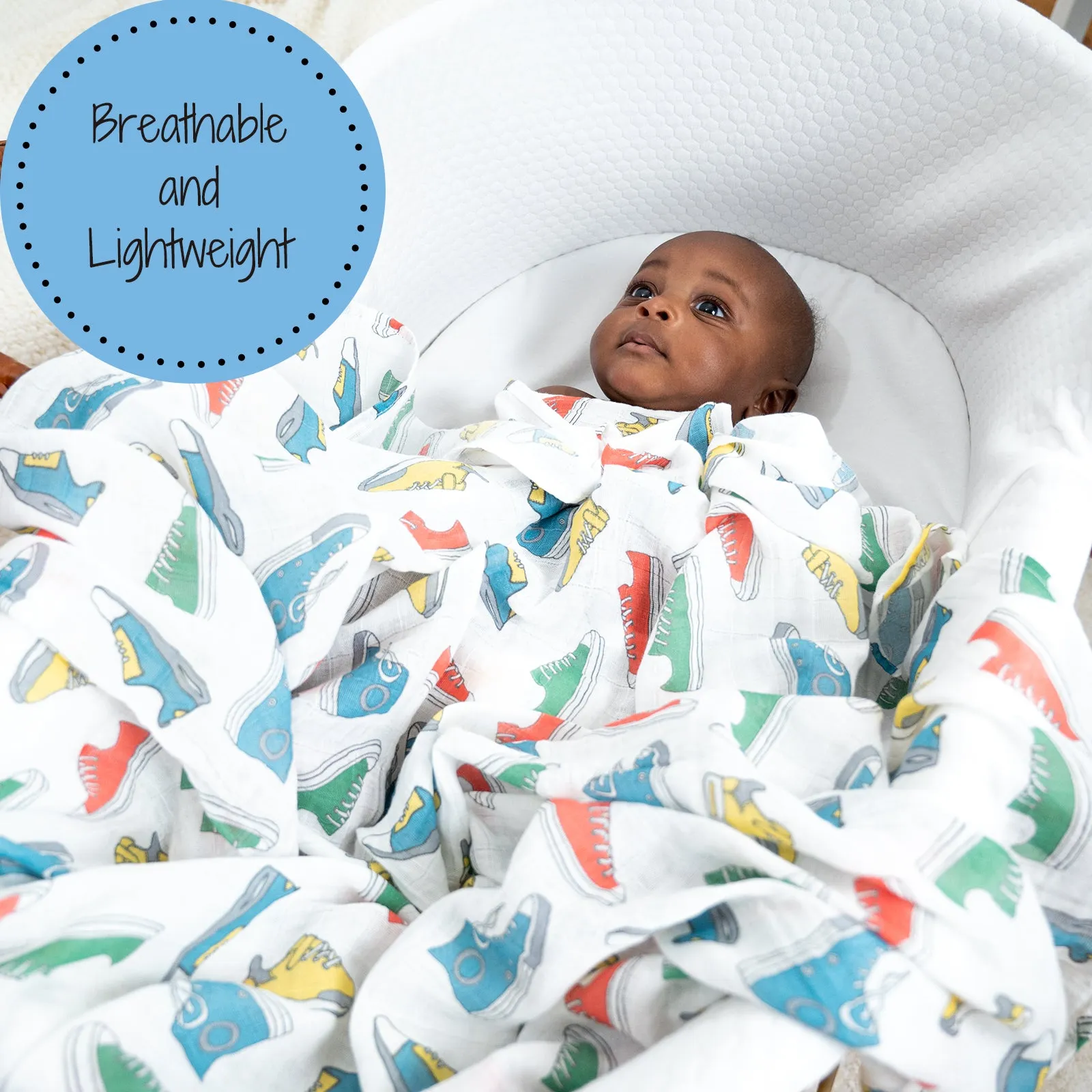 LollyBanks Swaddle Blanket, 100%  Cotton Muslin Swaddle Blankets, Neutral Swaddle Blanket 47 x 47 Inches, Baby Blanket for Boys and Girls, Baby Essentials, Registry (Sneakers Print)