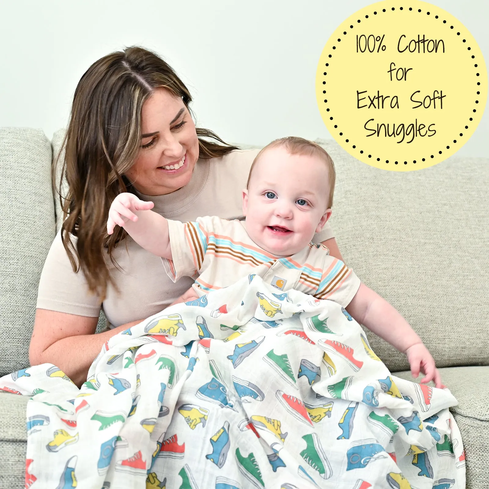 LollyBanks Swaddle Blanket, 100%  Cotton Muslin Swaddle Blankets, Neutral Swaddle Blanket 47 x 47 Inches, Baby Blanket for Boys and Girls, Baby Essentials, Registry (Sneakers Print)