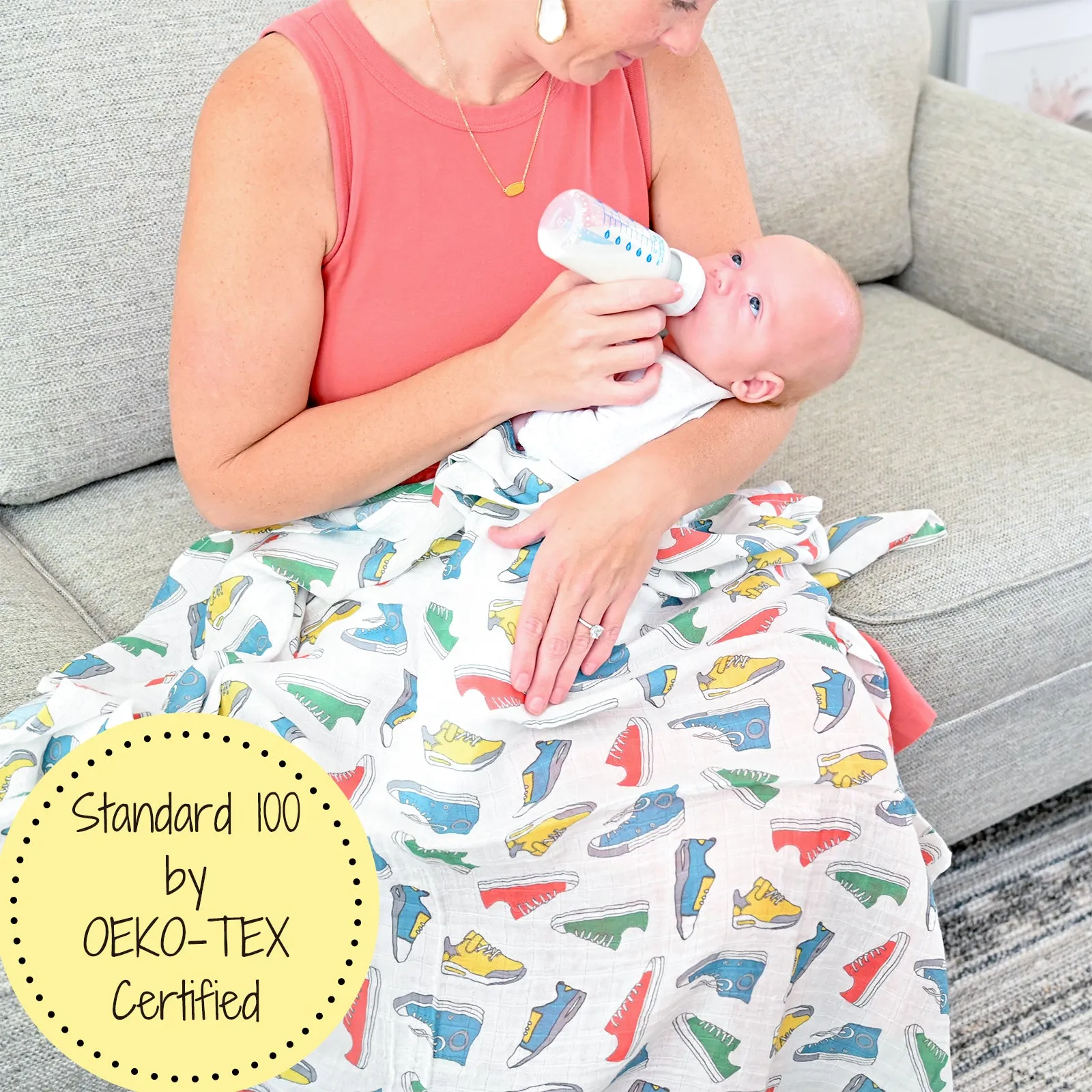 LollyBanks Swaddle Blanket, 100%  Cotton Muslin Swaddle Blankets, Neutral Swaddle Blanket 47 x 47 Inches, Baby Blanket for Boys and Girls, Baby Essentials, Registry (Sneakers Print)