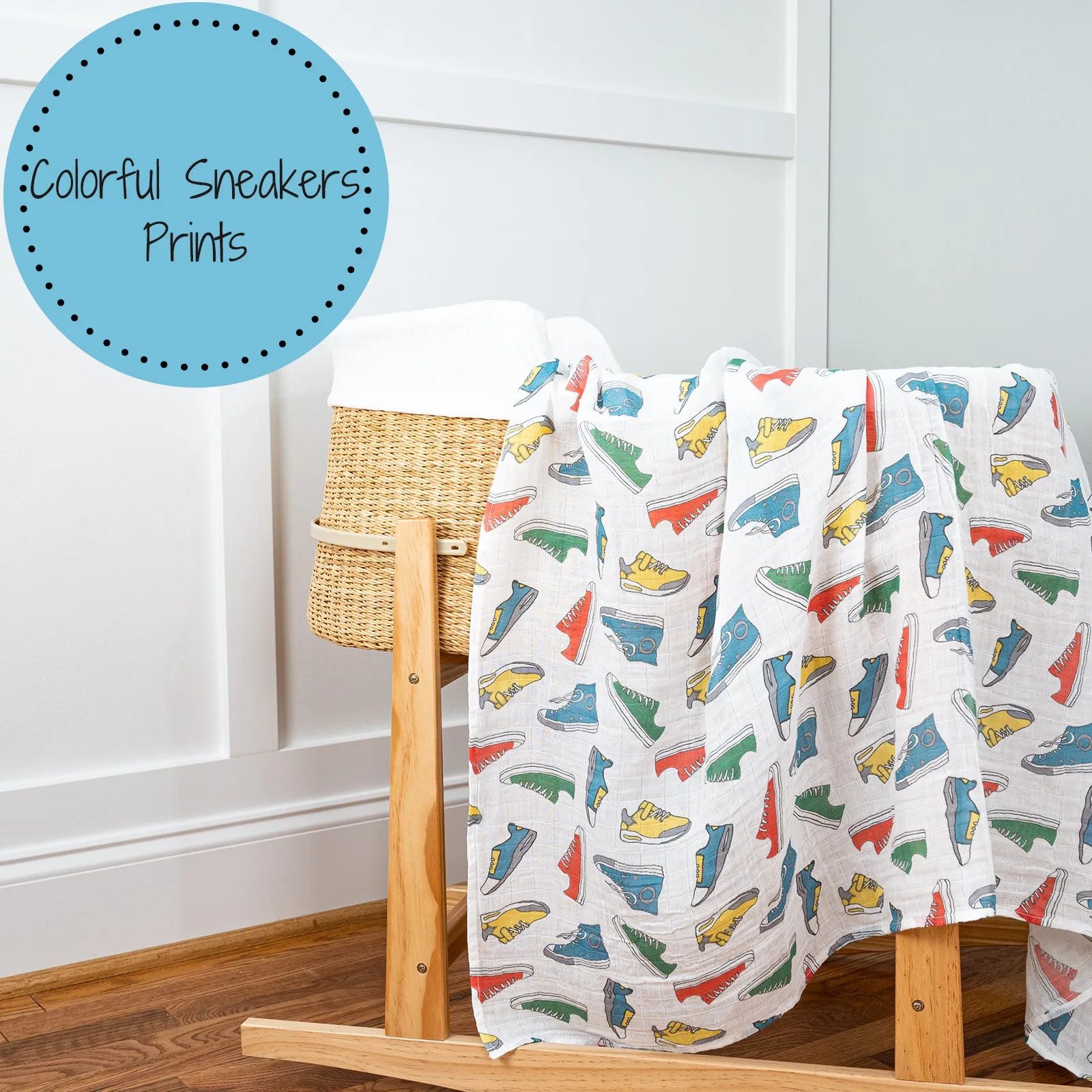 LollyBanks Swaddle Blanket, 100%  Cotton Muslin Swaddle Blankets, Neutral Swaddle Blanket 47 x 47 Inches, Baby Blanket for Boys and Girls, Baby Essentials, Registry (Sneakers Print)