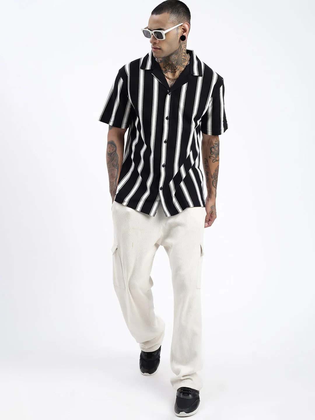 Men Black Comfort Cuban Collar Vertical Striped Cotton Relaxed Fit Casual Shirt