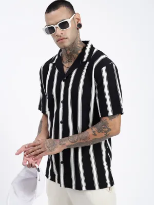 Men Black Comfort Cuban Collar Vertical Striped Cotton Relaxed Fit Casual Shirt