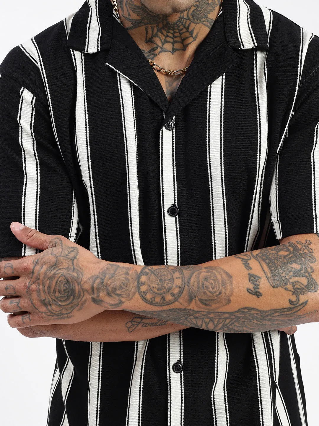 Men Black Comfort Cuban Collar Vertical Striped Cotton Relaxed Fit Casual Shirt