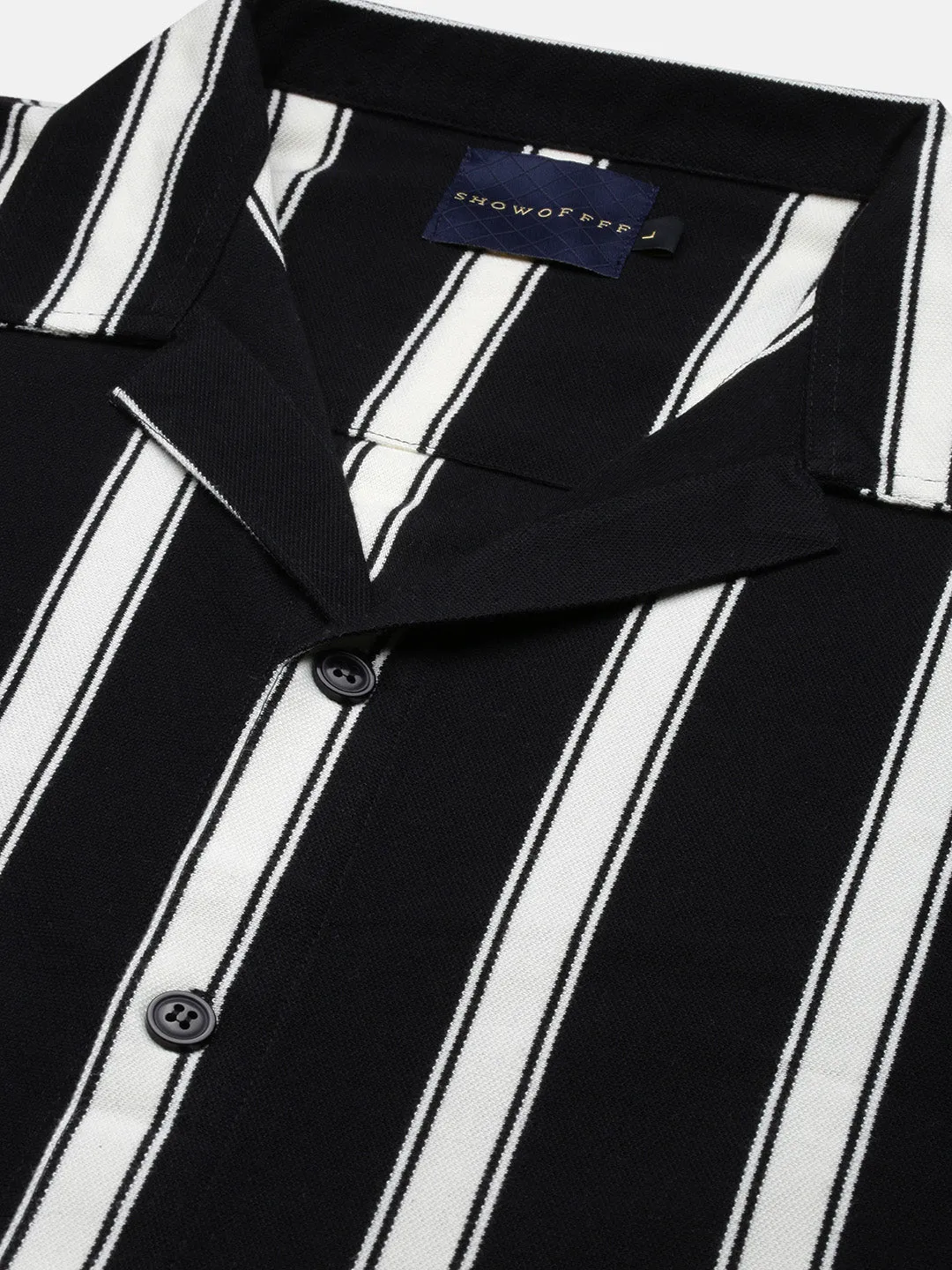 Men Black Comfort Cuban Collar Vertical Striped Cotton Relaxed Fit Casual Shirt