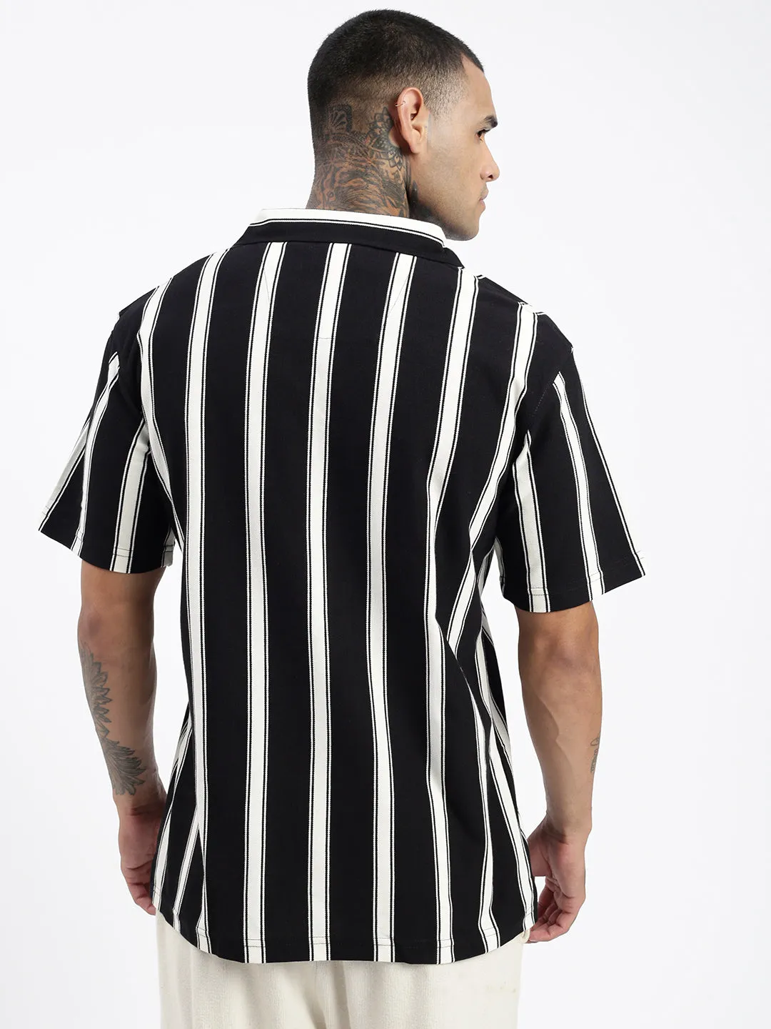 Men Black Comfort Cuban Collar Vertical Striped Cotton Relaxed Fit Casual Shirt
