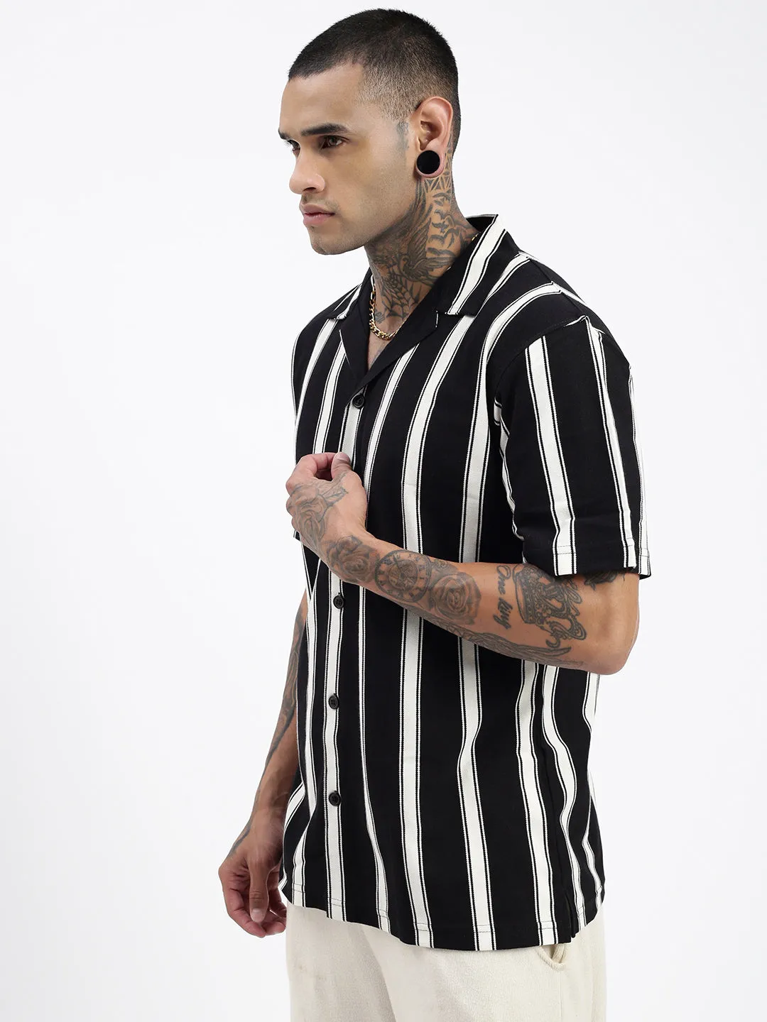 Men Black Comfort Cuban Collar Vertical Striped Cotton Relaxed Fit Casual Shirt