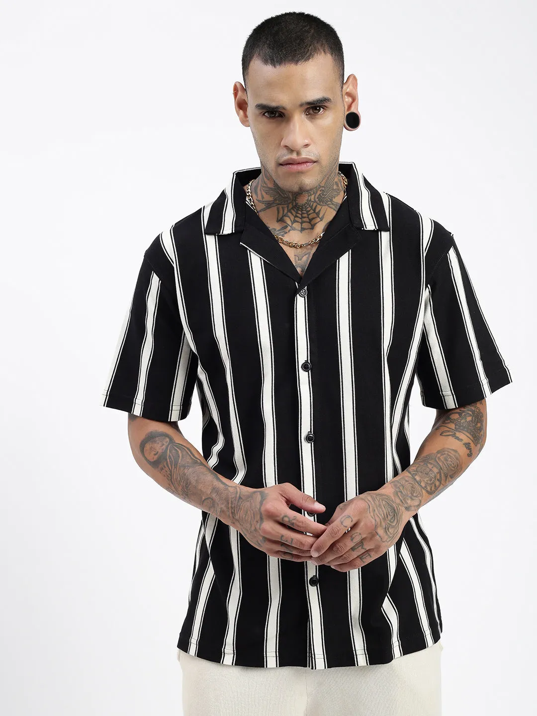 Men Black Comfort Cuban Collar Vertical Striped Cotton Relaxed Fit Casual Shirt