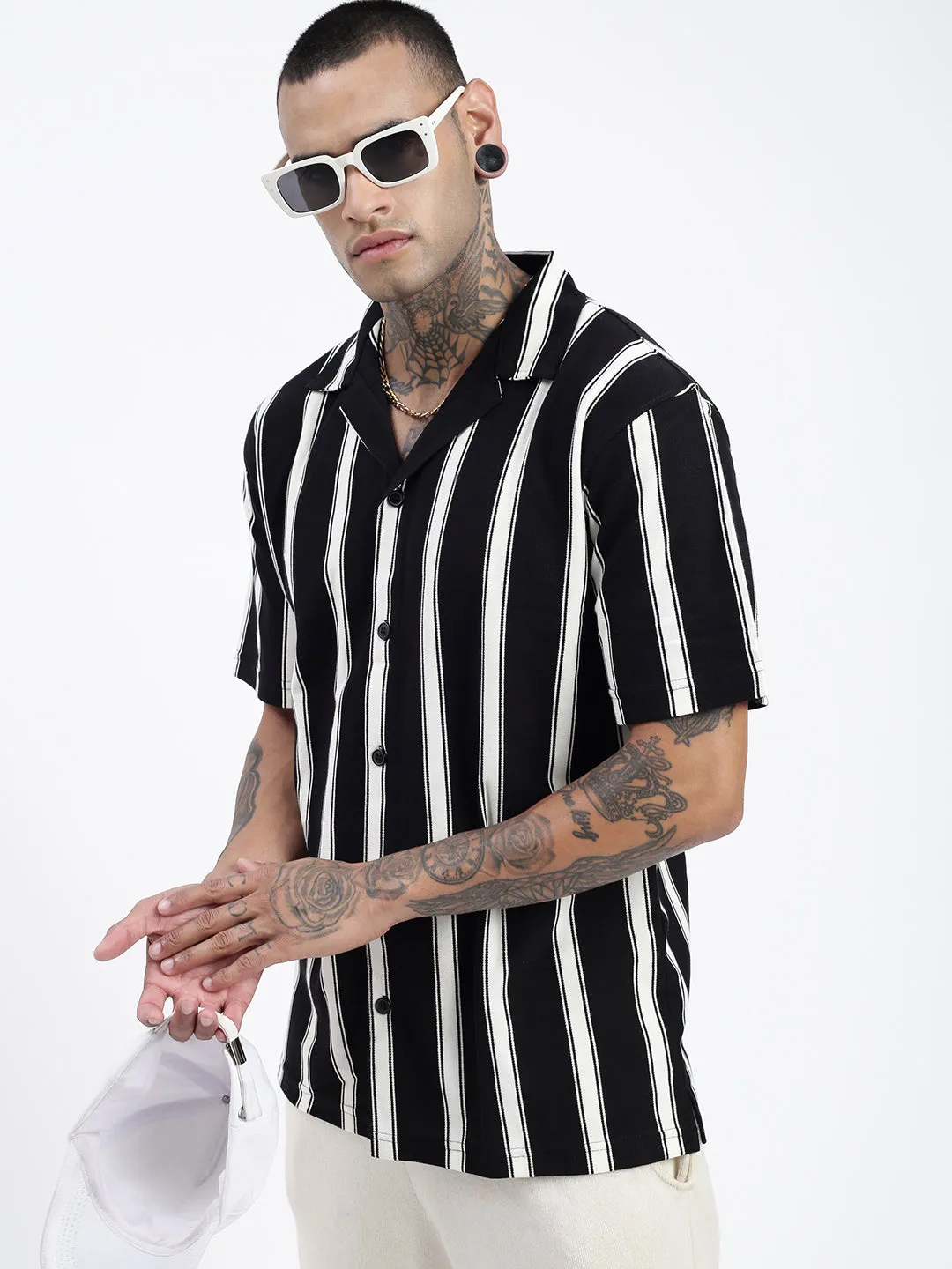Men Black Comfort Cuban Collar Vertical Striped Cotton Relaxed Fit Casual Shirt