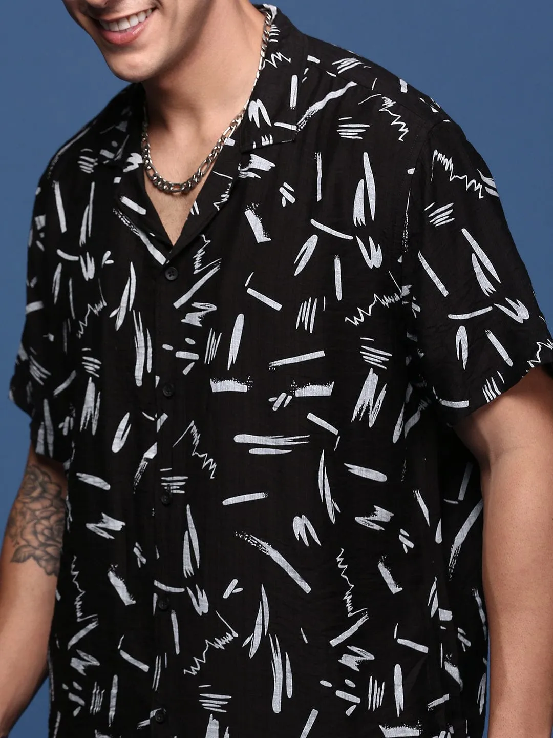 Men Black Printed Cuban Collar Relaxed Fit Co Ords Set