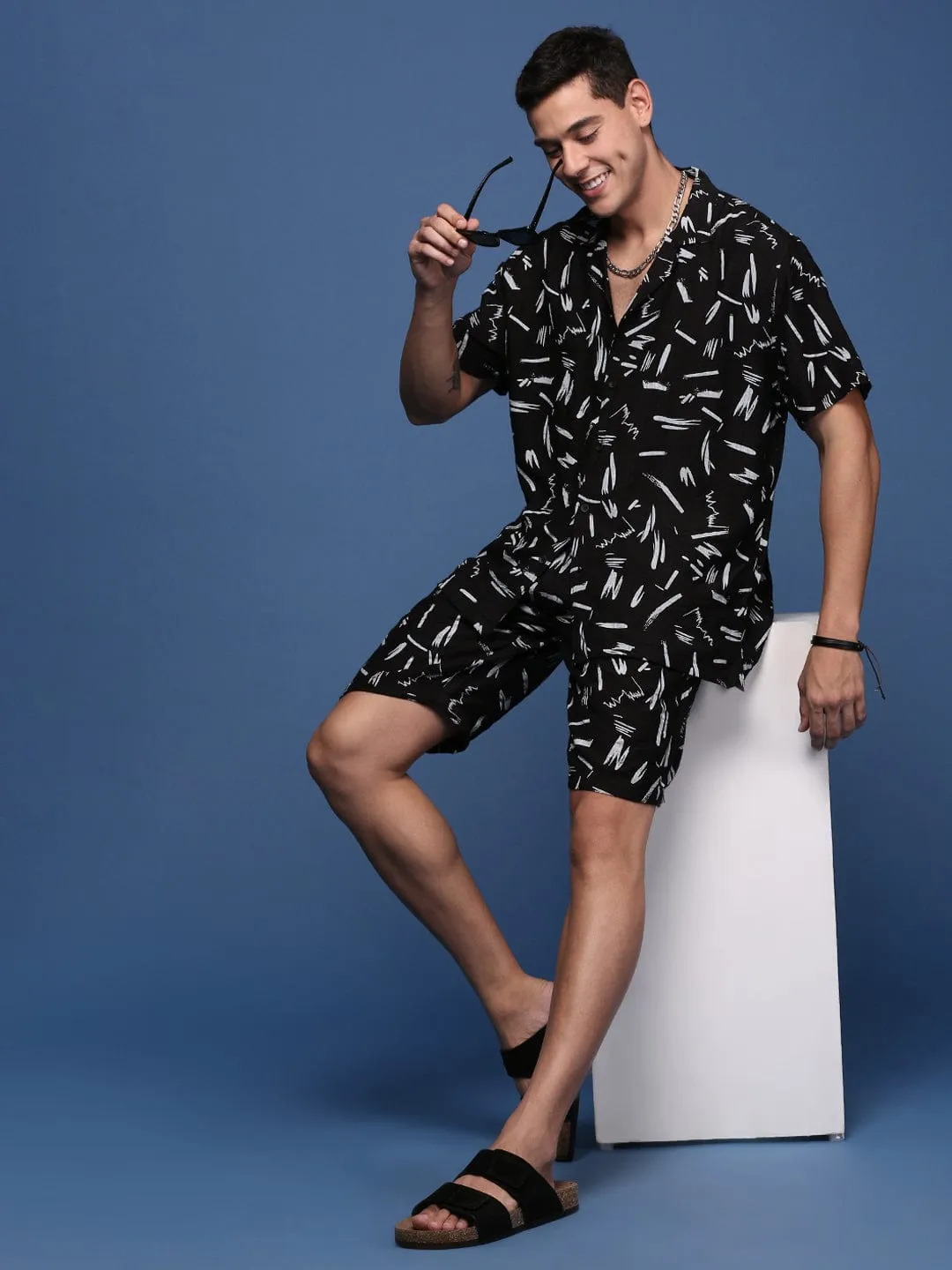 Men Black Printed Cuban Collar Relaxed Fit Co Ords Set