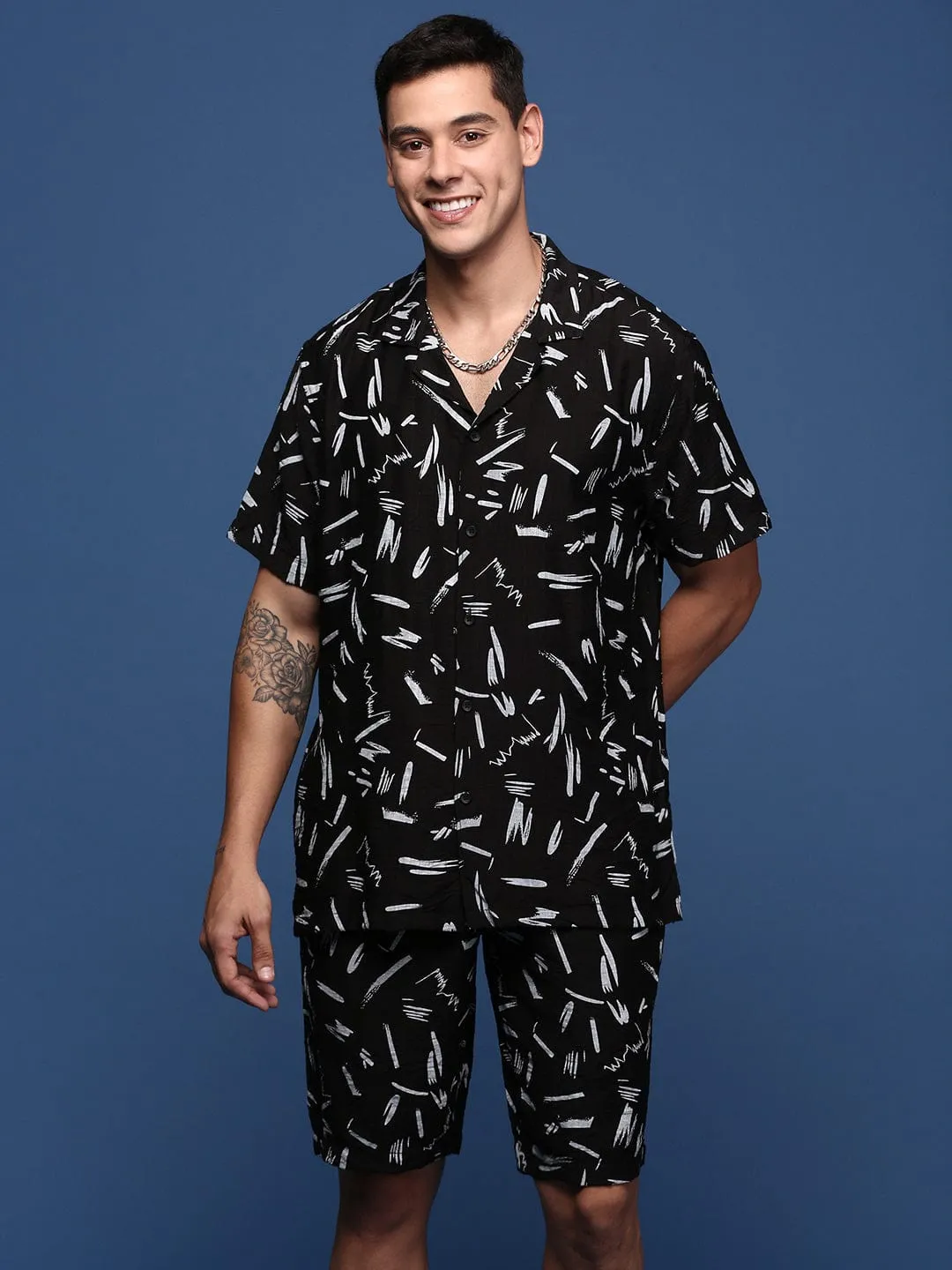 Men Black Printed Cuban Collar Relaxed Fit Co Ords Set