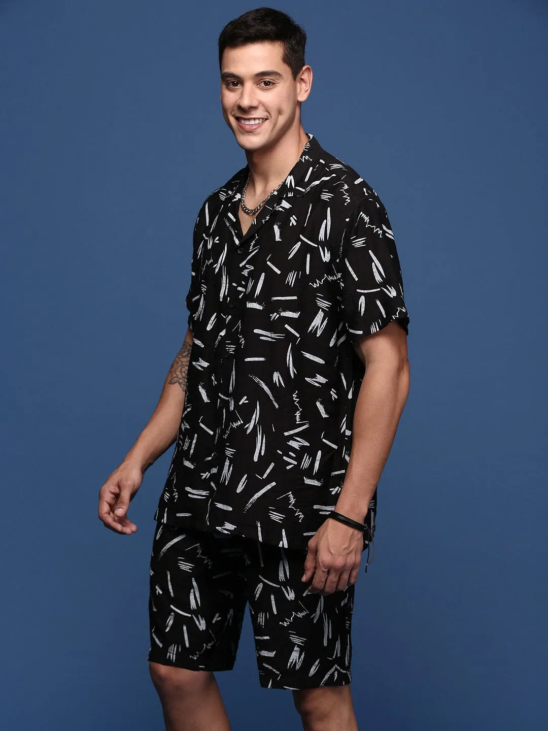 Men Black Printed Cuban Collar Relaxed Fit Co Ords Set
