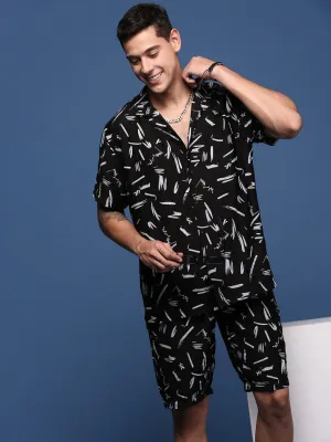 Men Black Printed Cuban Collar Relaxed Fit Co Ords Set