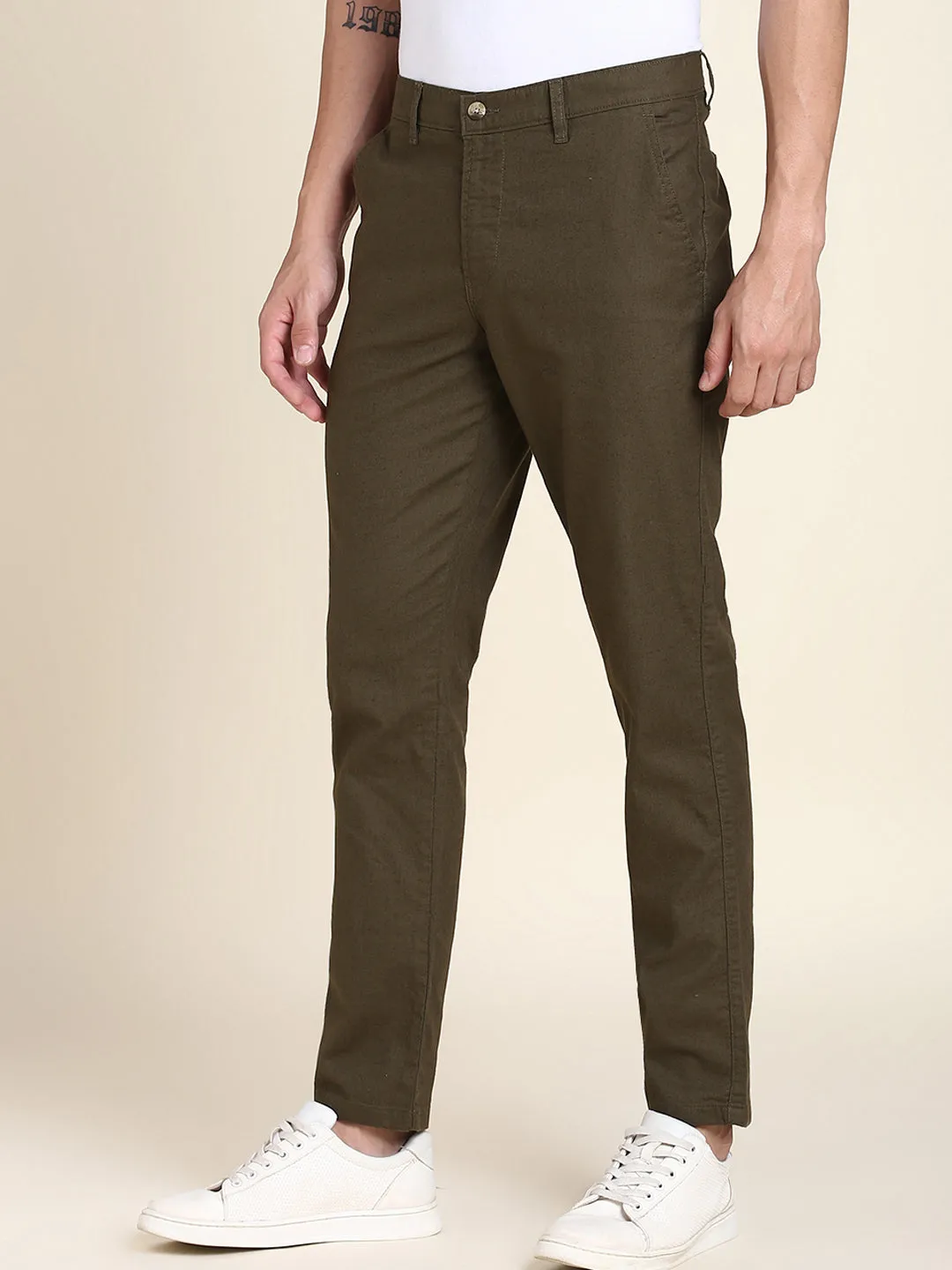 Men's Dark Olive Solid Linen Trouser
