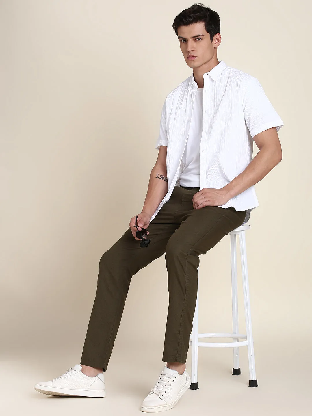 Men's Dark Olive Solid Linen Trouser