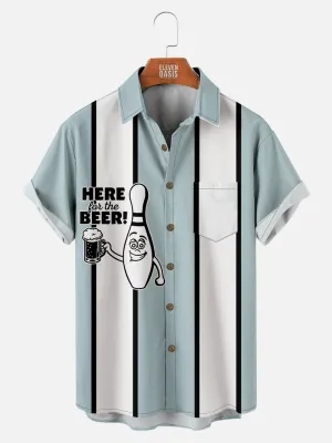 Men's Funny Here for the Beer Striped Bowling Short Sleeve Shirt