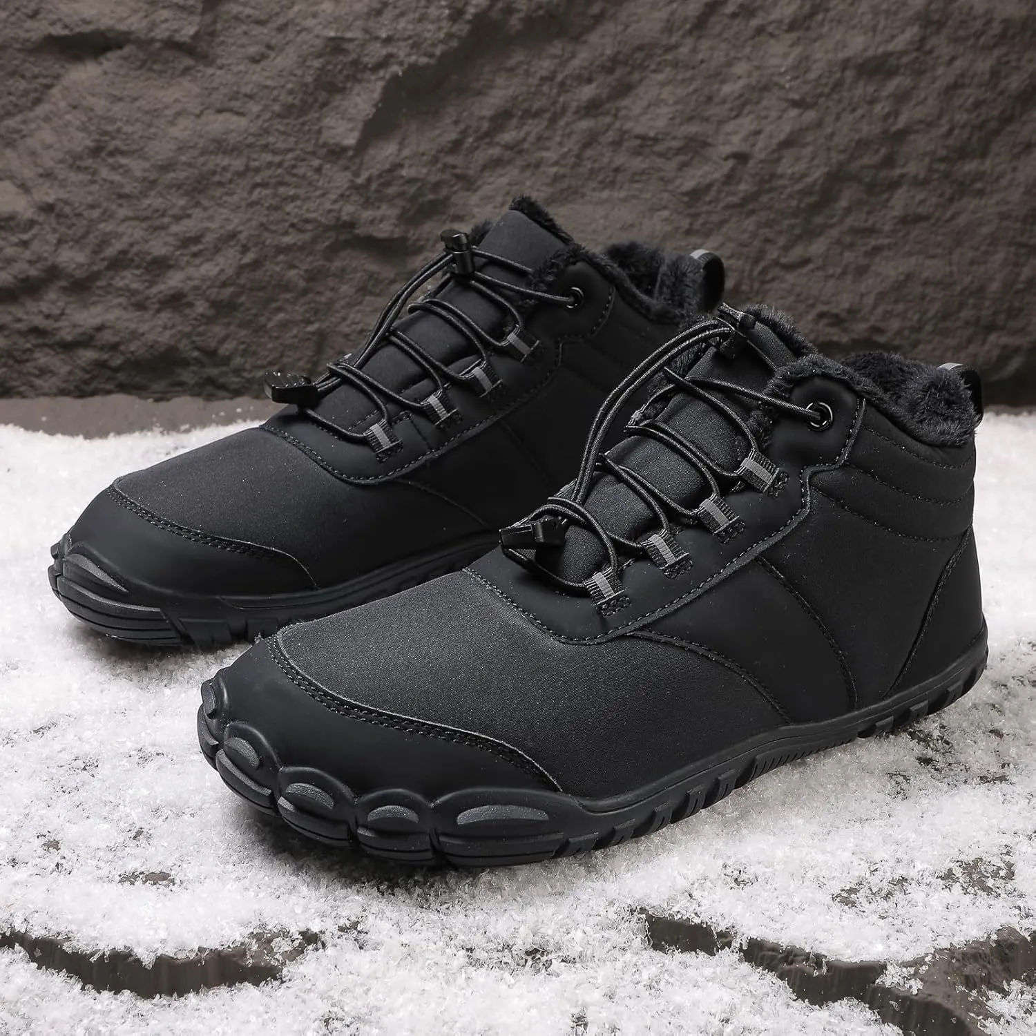 Mens Winter Barefoot Hiking Boots Slip-On Warm Zero Drop Snow Boots with Wide Toe Box Ankle Bootie Cut Minimalist Waterproof Five-Finger Sneakers for Hiking Walking Outdoor Adventures Unisex Design