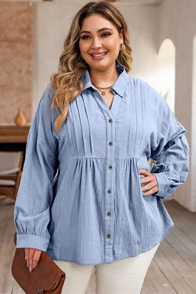 Misty Blue High Low Plus Size Button Up Shirt