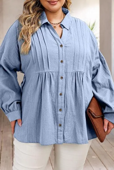 Misty Blue High Low Plus Size Button Up Shirt
