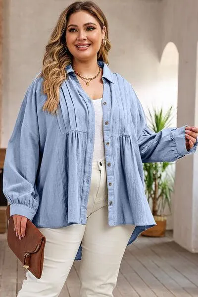 Misty Blue High Low Plus Size Button Up Shirt