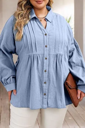 Misty Blue High Low Plus Size Button Up Shirt