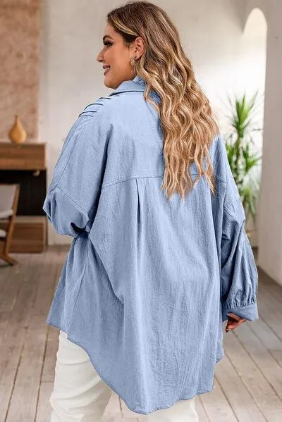 Misty Blue High Low Plus Size Button Up Shirt
