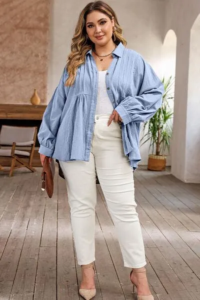 Misty Blue High Low Plus Size Button Up Shirt