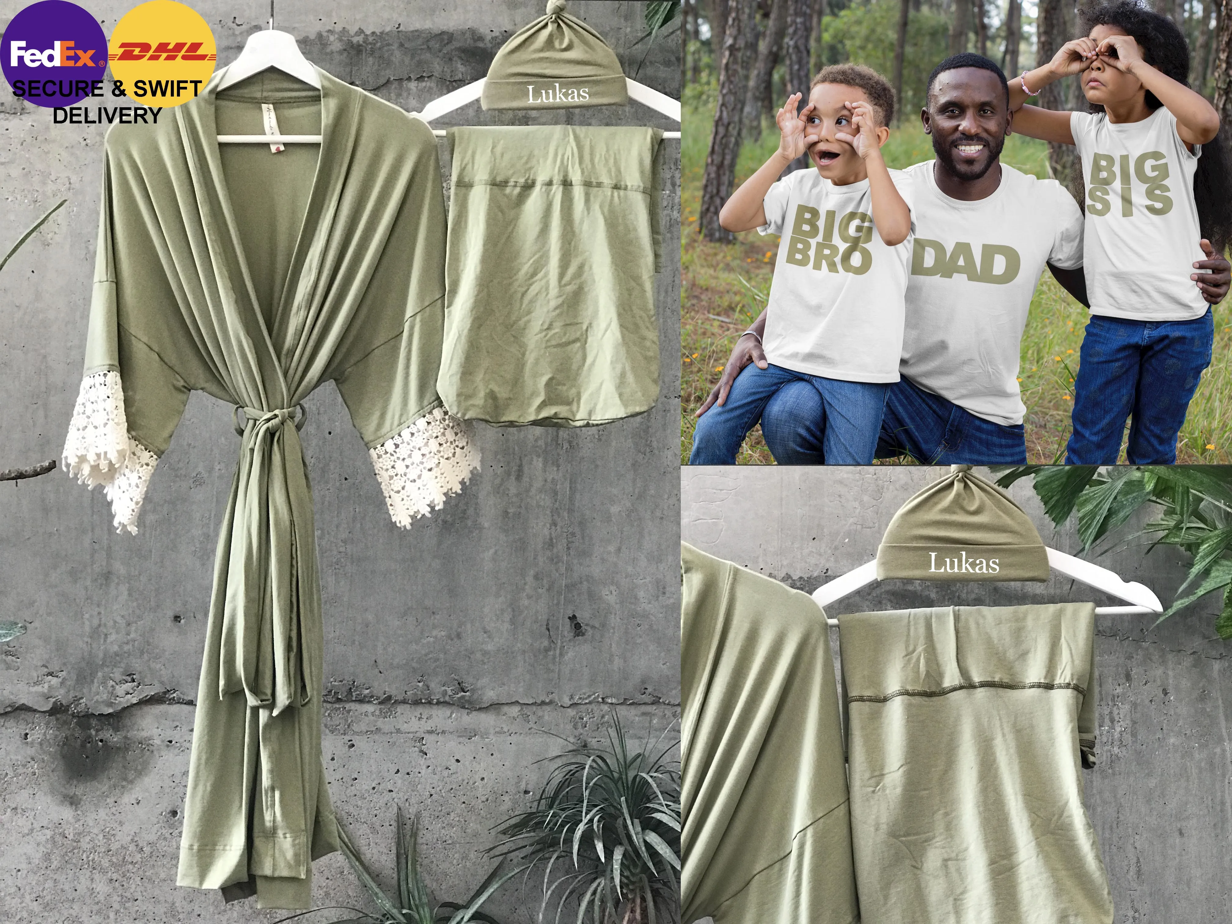Olive Maternity set robe   swaddle set   dad t shirt