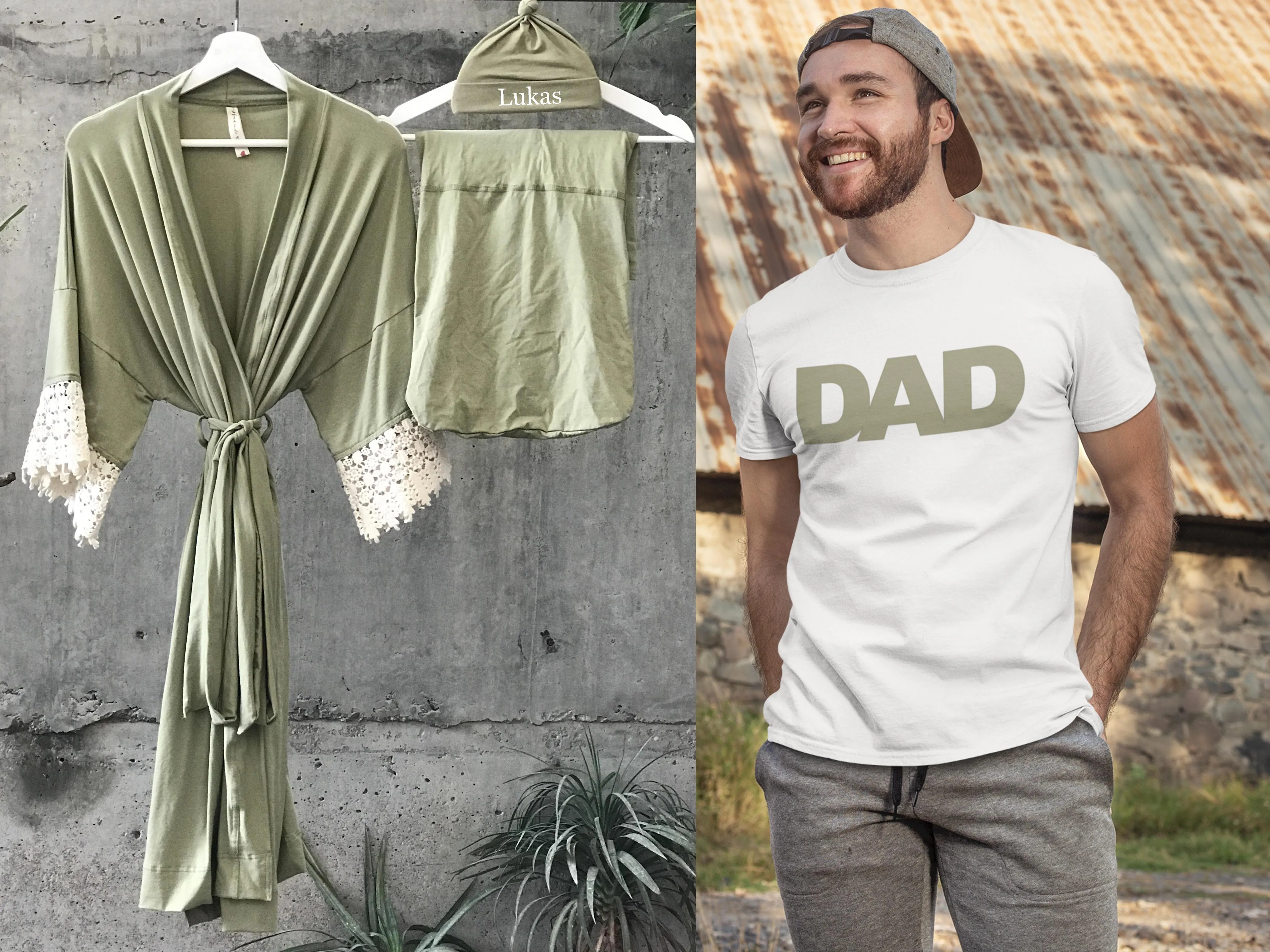 Olive Maternity set robe   swaddle set   dad t shirt