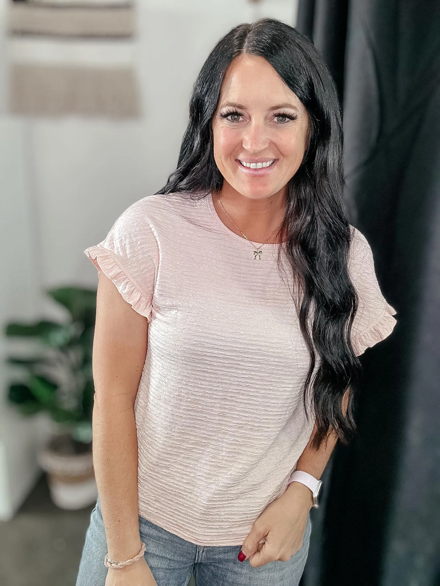 Pattie Pink Textured Knit Short Sleeve Top
