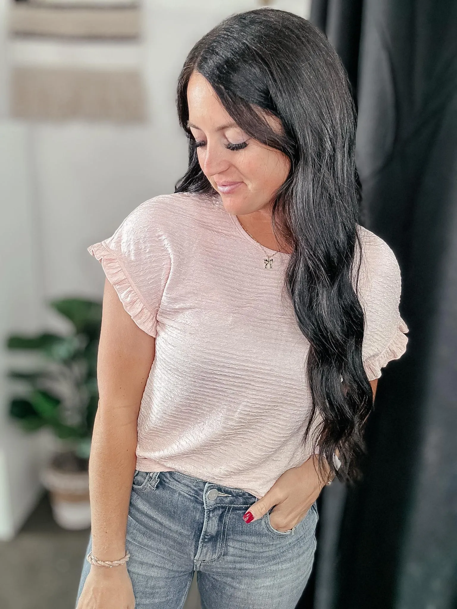 Pattie Pink Textured Knit Short Sleeve Top
