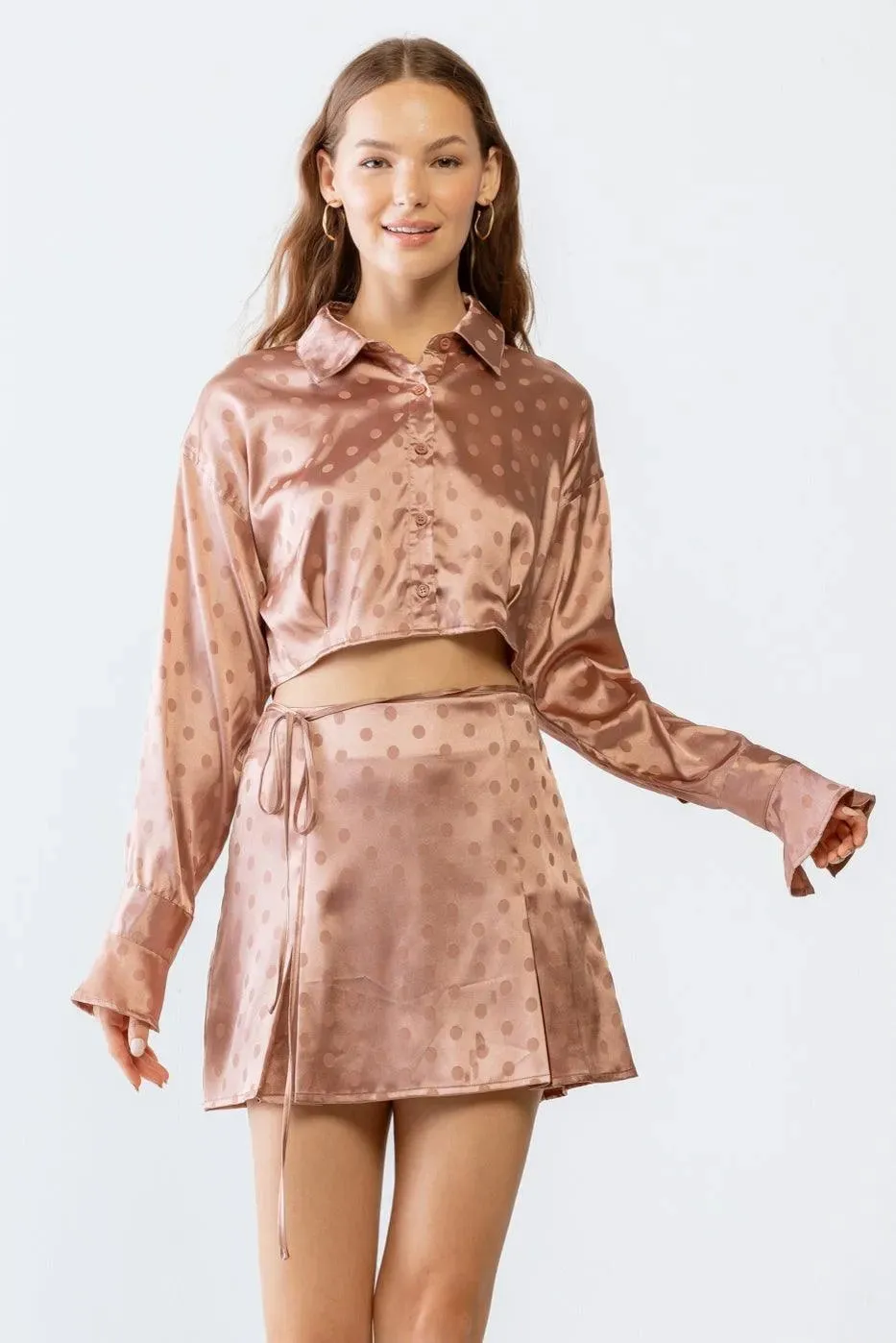 Polka Satin Collared Crop Top & High Waist Skirt Set