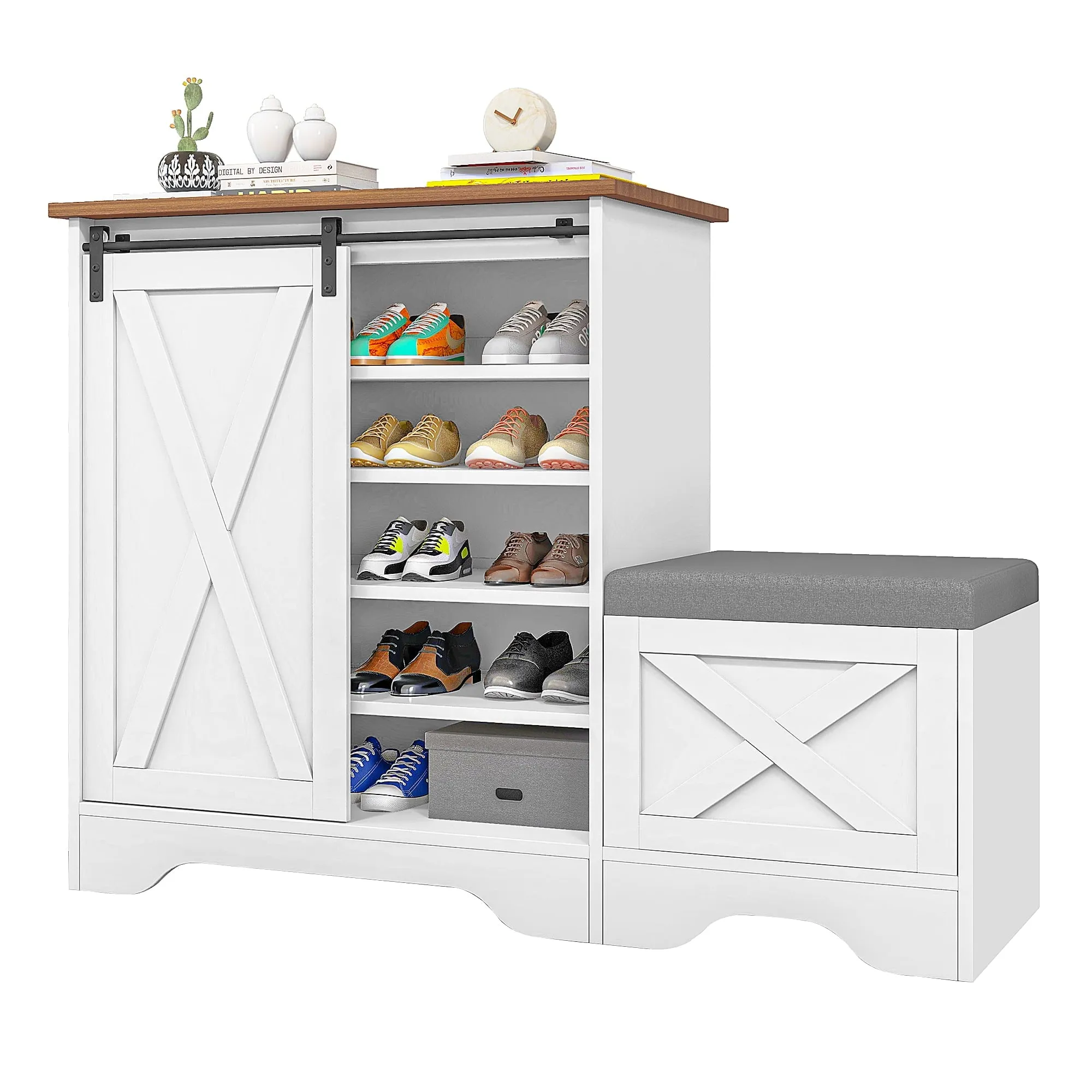 premium Dextrus Shoe Cabinet with Slide Door & Shoe Bench, 5-Tier Adjustable Farmhouse Shoe Storage for 20 Pairs for Entryway, Foyer, Hallway, White