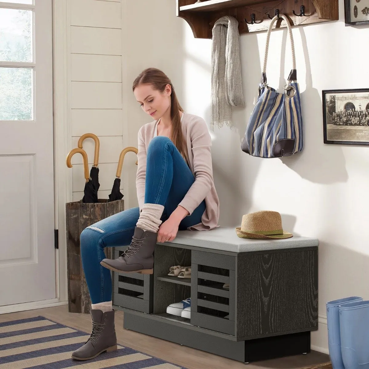 Shoe Bench with 6 Storage Compartments and 3 Adjustable Shelves and Cushion-Dark Grey