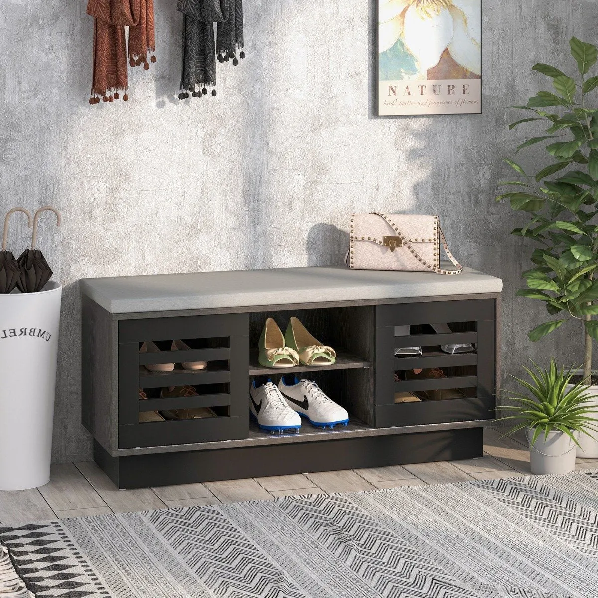 Shoe Bench with 6 Storage Compartments and 3 Adjustable Shelves and Cushion-Dark Grey