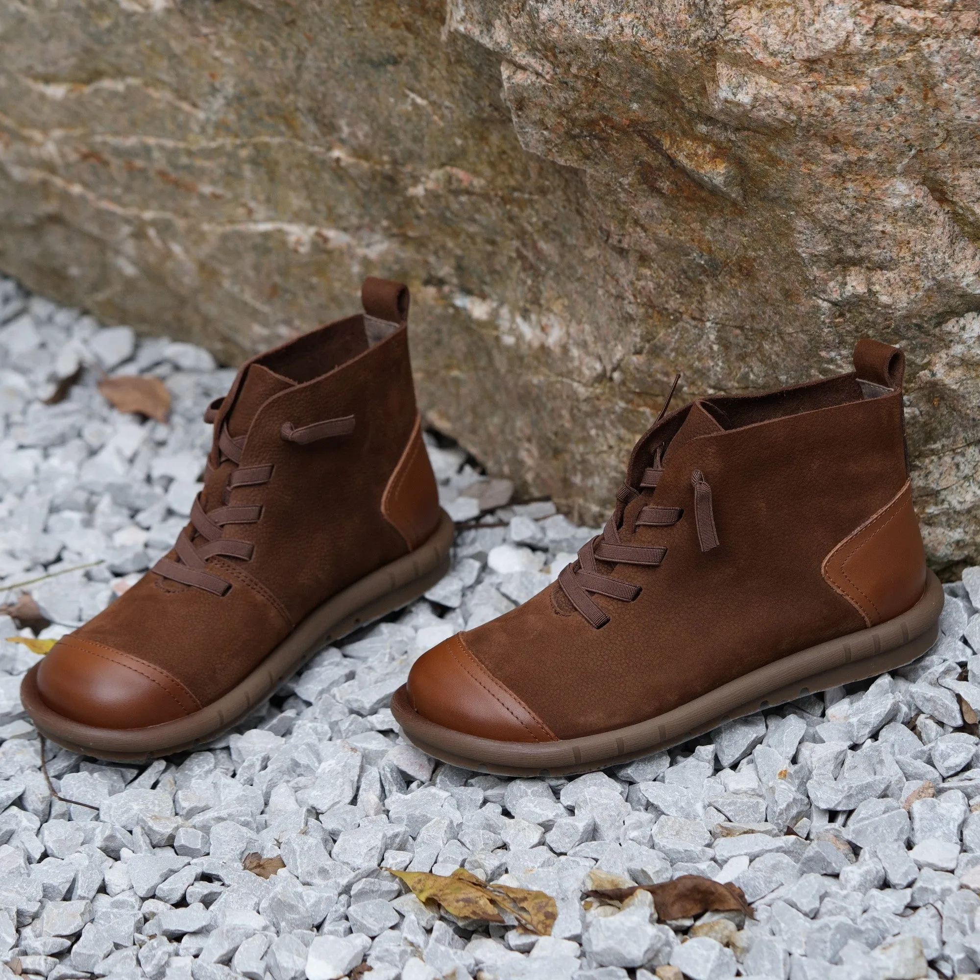 Soft Leather Ankle Booties Handmade Flat Barefoot Shoes Color Blocking in Coffee/Khaki