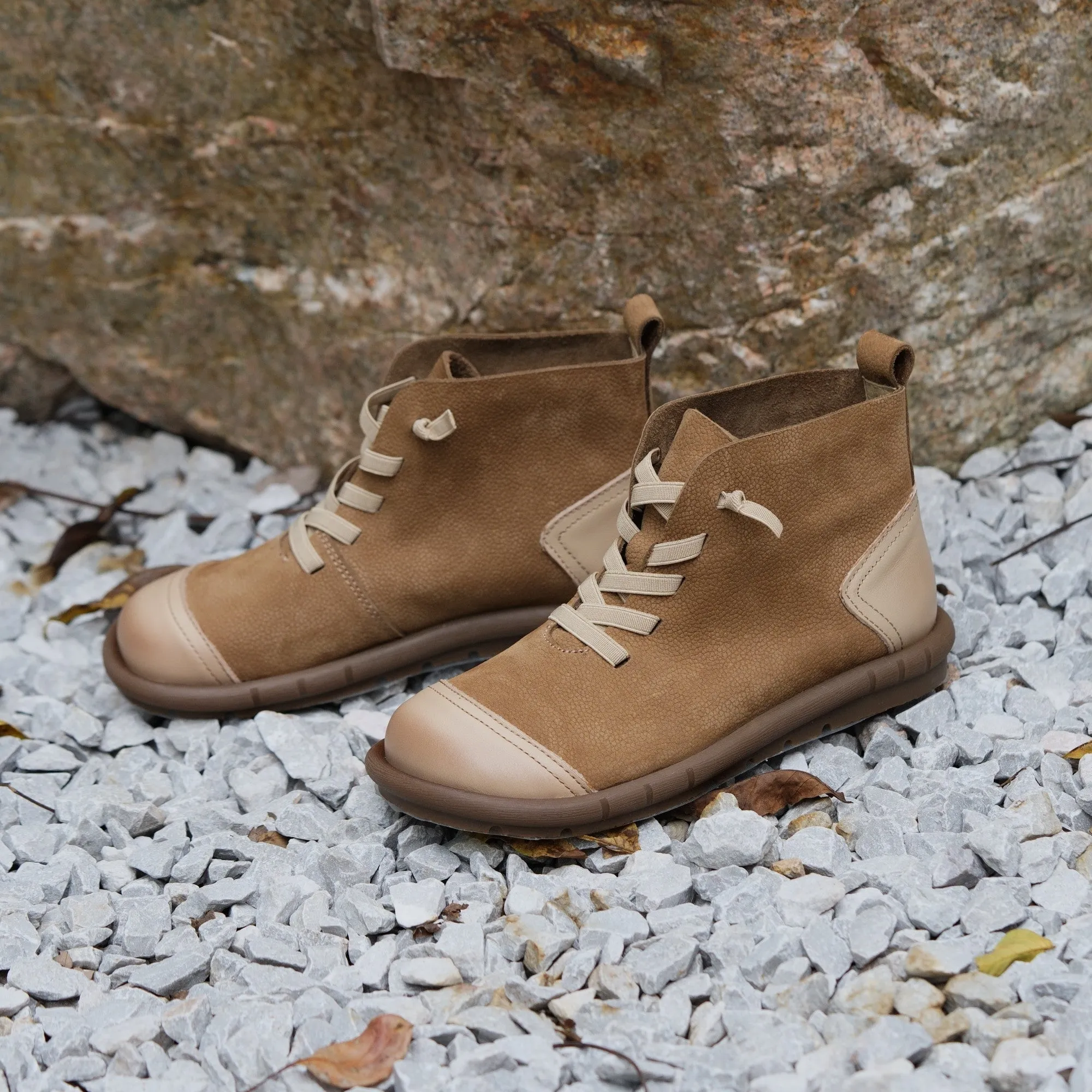 Soft Leather Ankle Booties Handmade Flat Barefoot Shoes Color Blocking in Coffee/Khaki