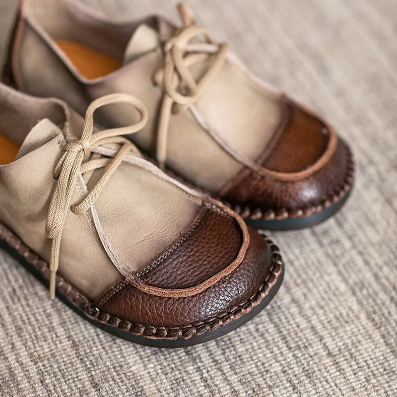 Soft Leather Oxfords & Tie Flats For Women Barefoot Shoes in Brown/Beige Handmade
