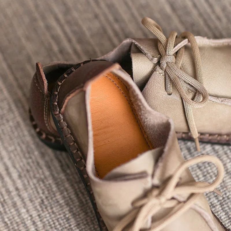 Soft Leather Oxfords & Tie Flats For Women Barefoot Shoes in Brown/Beige Handmade