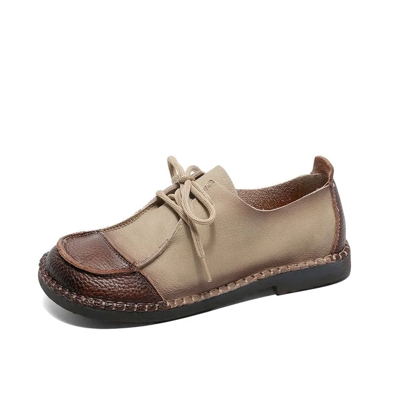 Soft Leather Oxfords & Tie Flats For Women Barefoot Shoes in Brown/Beige Handmade