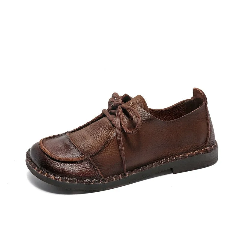 Soft Leather Oxfords & Tie Flats For Women Barefoot Shoes in Brown/Beige Handmade