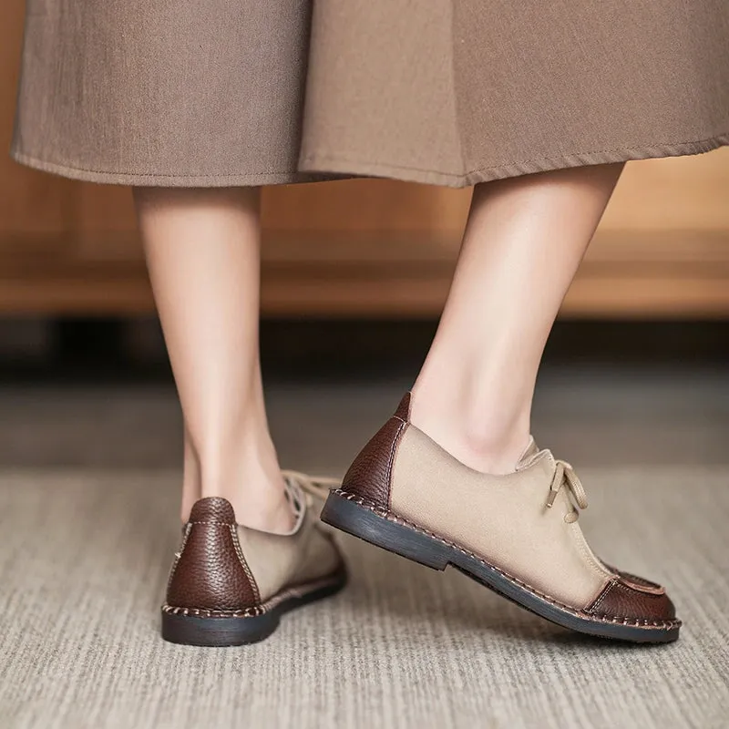 Soft Leather Oxfords & Tie Flats For Women Barefoot Shoes in Brown/Beige Handmade