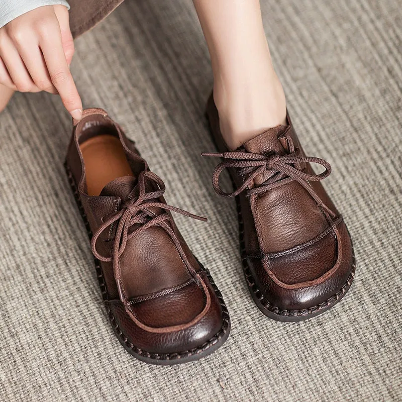 Soft Leather Oxfords & Tie Flats For Women Barefoot Shoes in Brown/Beige Handmade