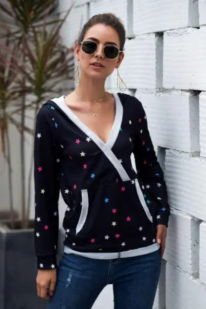 Star Print Kangaroo Pocket Black Hoodie