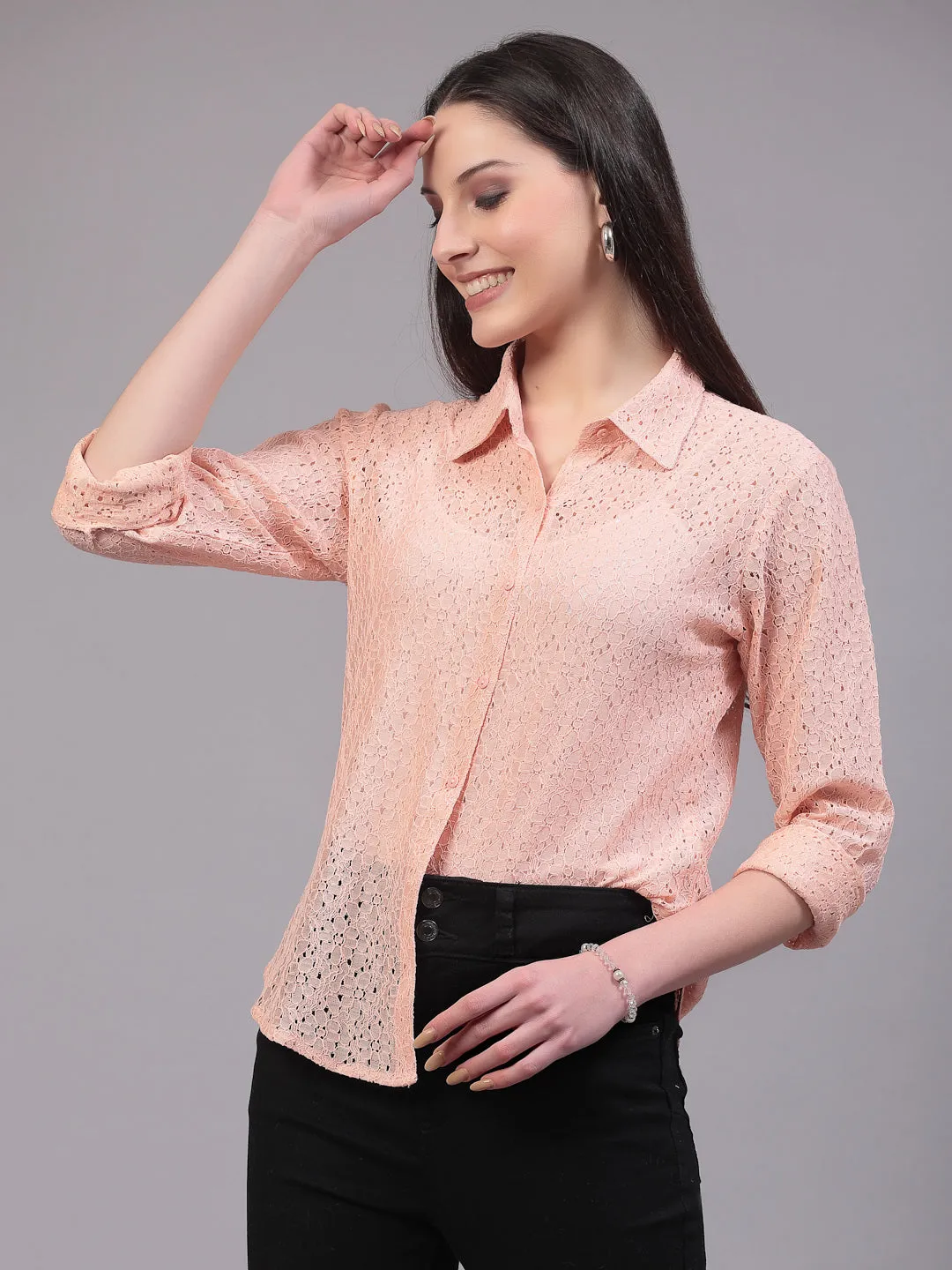 Style Quotient Women Self Design Nude Lace Regular Shirt