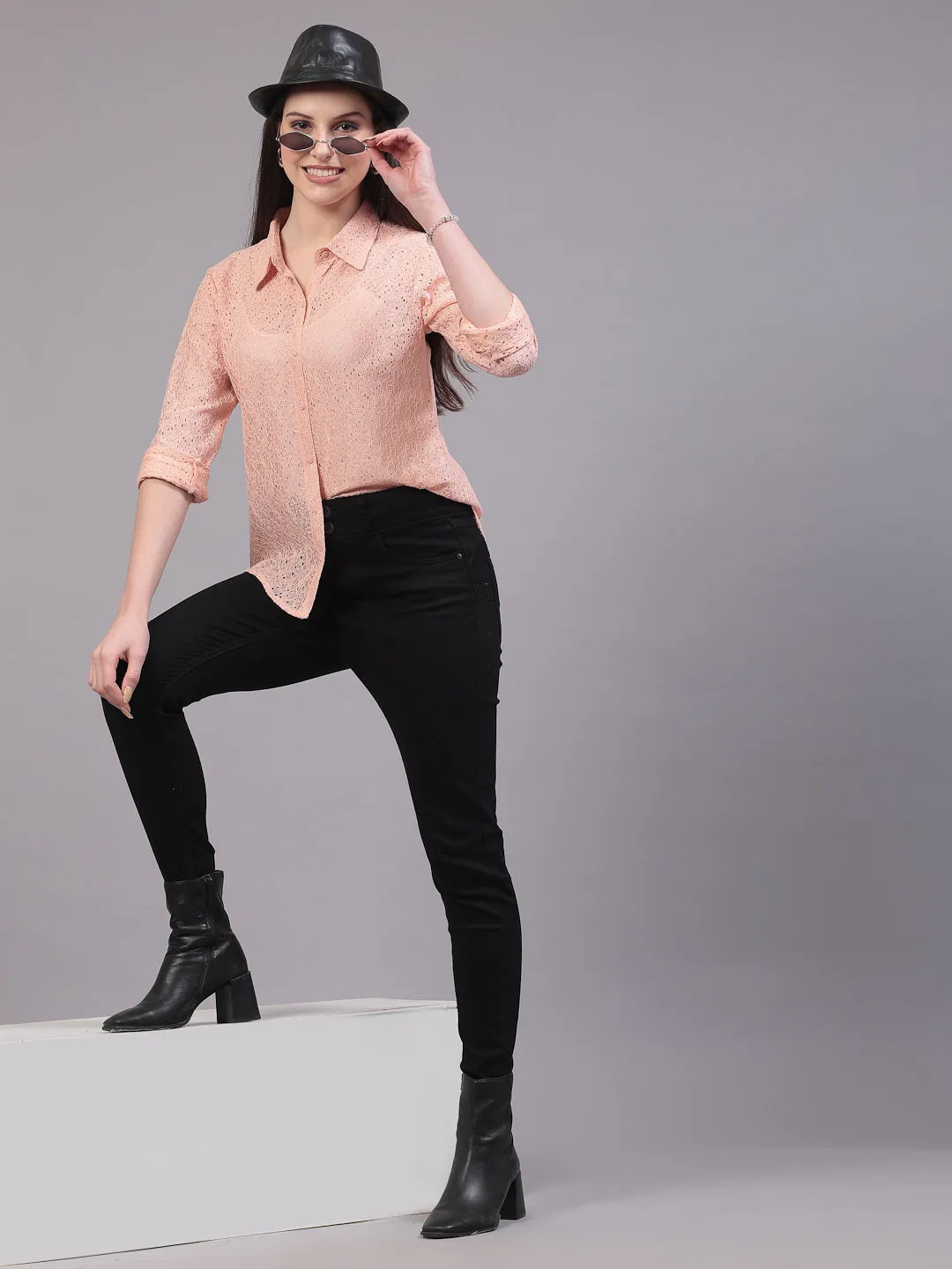 Style Quotient Women Self Design Nude Lace Regular Shirt