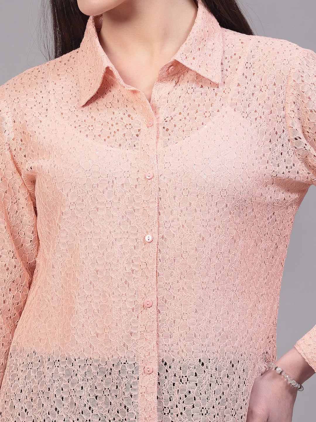 Style Quotient Women Self Design Nude Lace Regular Shirt