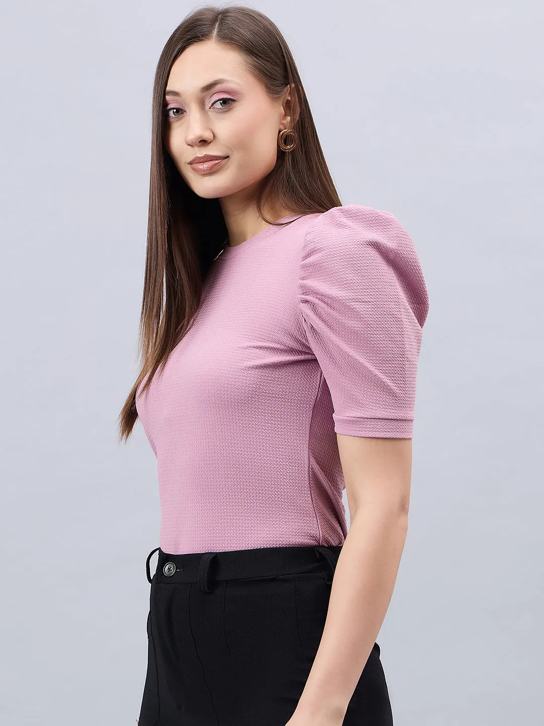 Style Quotient Women Solid Dusty Rose Poly Knit Smart Casual Regular Top